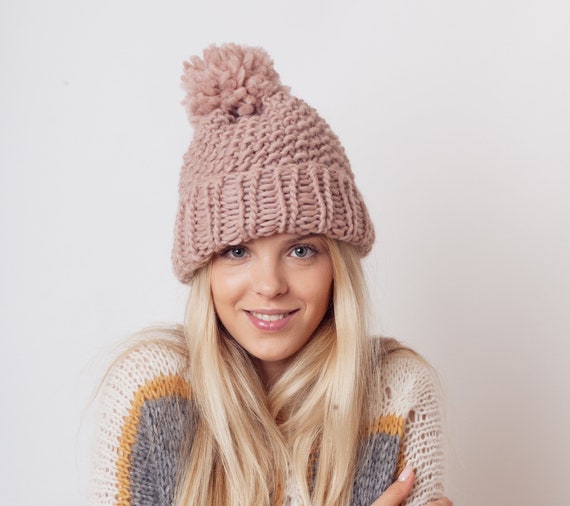 Bulky Beige Knit Hat With Pom Pom 