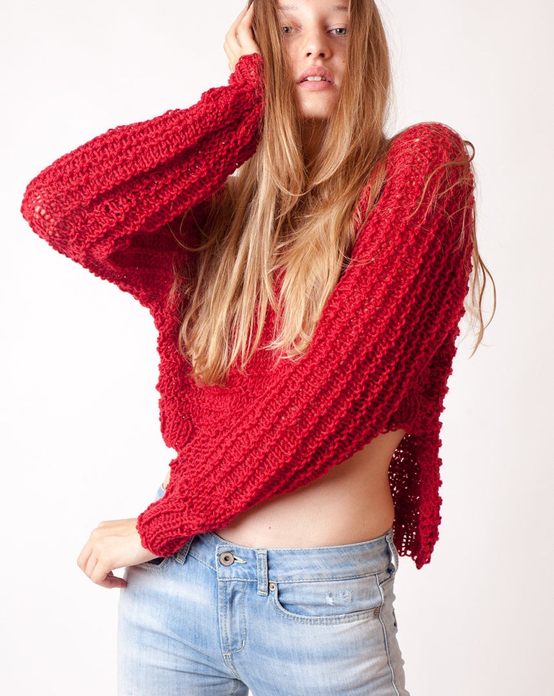 Wool sweater red knit jumper crop sweater long sleeves Etsy