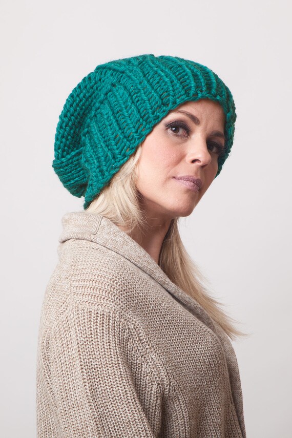 Emerald green knit hat slouchy hat beanie bulky boho hat Etsy