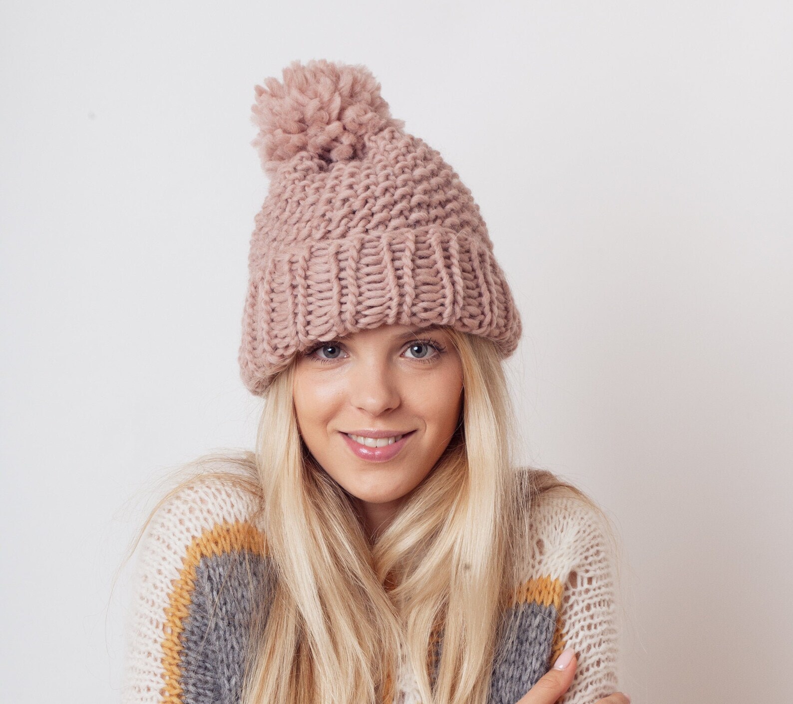 Orange Knit Pom Pom Hat Cuffed Knit Hat Handknit Beanie Etsy