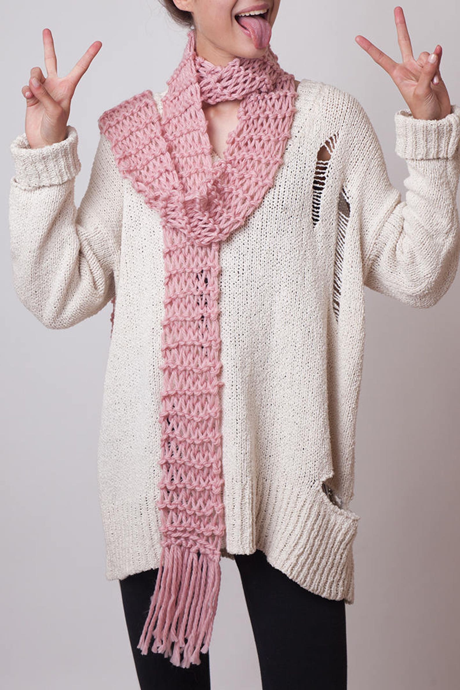 Pink Skinny Knit Scarf With Fringes Xtra Long Bulky Scarf Etsy