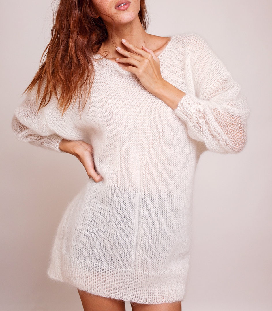 Mohair silk sweater off white knit oversized pullover with | Etsy