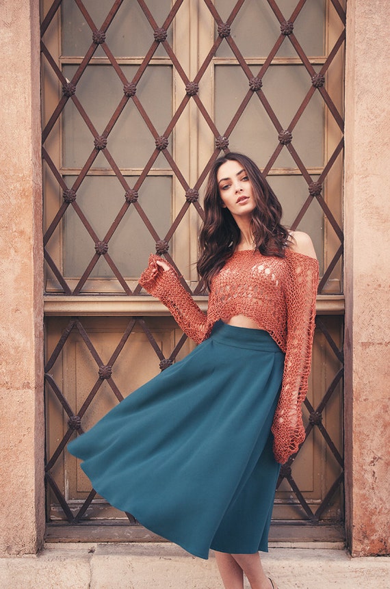 Loose Knit Crop Top off Shoulder Cotton 