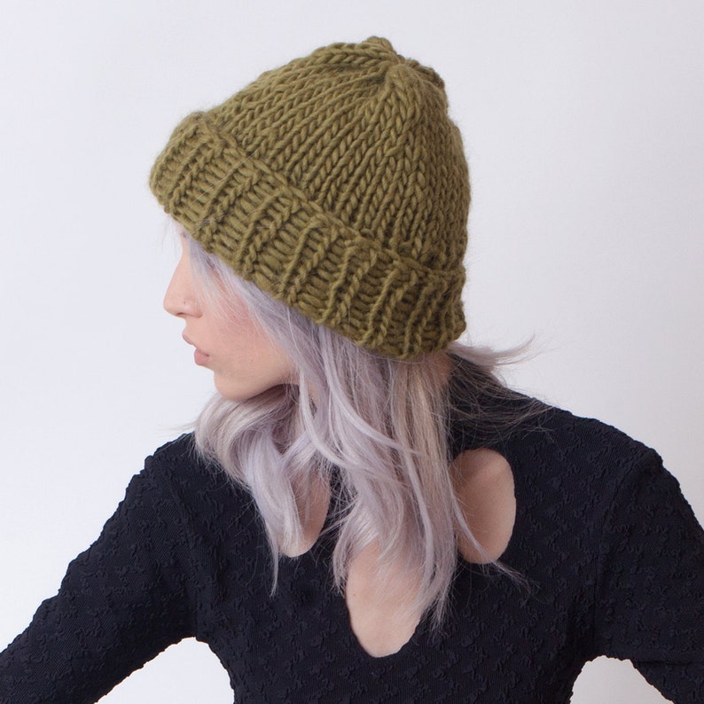 Womens Knit Hat Green Cuffed Beanie Wool Winter Hat Teens Etsy