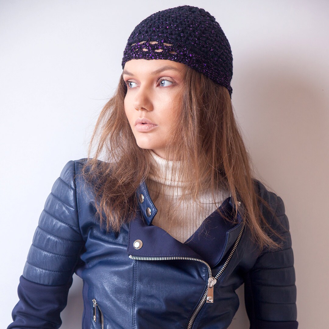 Black Shiny Knit Hat Crochet Stretch 