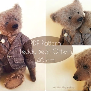 Peut inclure: Patron PDF pour un ours en peluche nommé Ortwin, de 46 cm de haut. Le patron comprend un ours en peluche portant une veste en plaid marron et une chemise blanche avec une fleur.