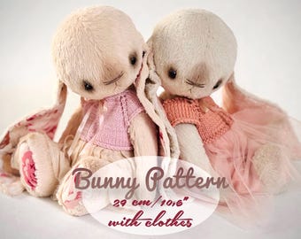 Teddy Bunny Pattern 29 cm/10,6” with clothes, instant download, stuffed toy, artist toy, hare, rabbit, vintage