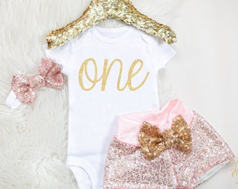 Pink and Gold First Birthday Outfit, One Year Old Girl, Rose Gold Cake Smash Outfit Girl, 1st Birthday Outfit, Baby Girl First Birthday