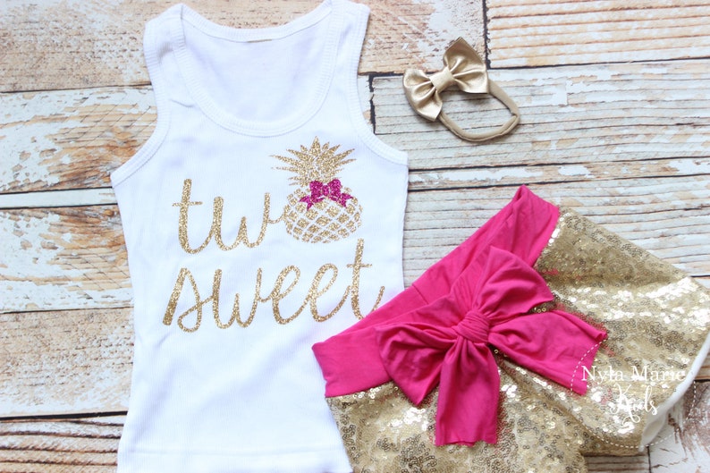 Luau Birthday Pineapple second birthday outfit Pineapple two shirt Glitter two Shirt with Sequin Shorts, tropical second birthday