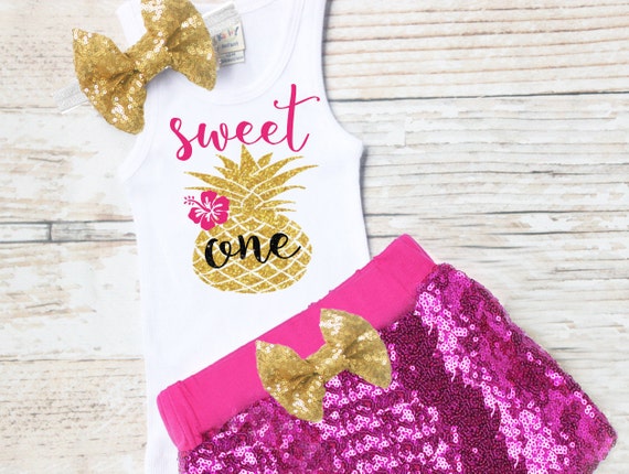 Personalized baby girl pineapple onesie with sequin skirt and hair bow Custom pineapple outfit