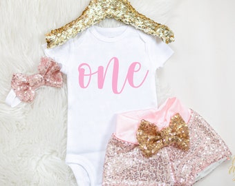 Rose Gold First Birthday Outfit Girl, Pink 1st birthday outfit, baby sequin shorts, Pink and Gold Birthday Outfit, One year old girl,