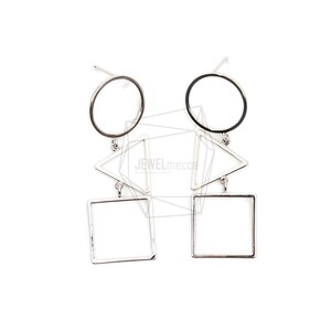 May include: A pair of silver earrings with geometric shapes. Each earring features a circle, a triangle, and a square.