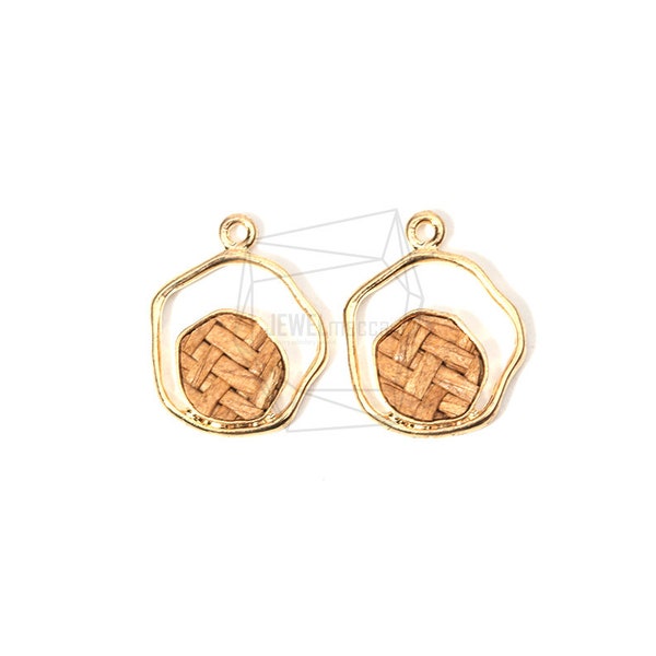 PDT-1559-G/2PCS/Round Edge Rhombus Rattan Pendant(Light Brown)/17mm X 20mm/Gold Plated Over Brass,rattan/Jewelry Making