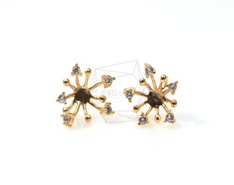 ERG-065-MG / 2 Stück-Zirkonia-Einstellung Blume Ohrpfosten / 13 mm x 13 mm / Mattvergoldet über Messing / 925 Sterlingsilberpfosten / Schmuckherstellung