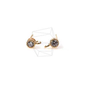 ERG-421-G/4PCS/CZ Round Hook Earring Post/7mm x 3mm/Gold Plated over Brass/925 Sterling Silver Post/Jewelry Making