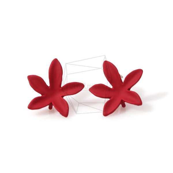 ERG-250-MG/2Pcs-Red Color Flower Ear Post/ 15mm x 15mm /Plated over  Brass/925 sterling silver post/Jewelry Making