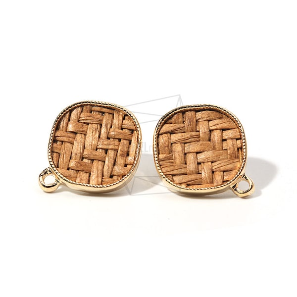 ERG-739-G/2PCS/Round Edge Rhombus Rattan Post Earring(Light Brown)/17mm X 20mm/Gold Plated Over Brass,Titanium Post,rattan/Jewelry Making