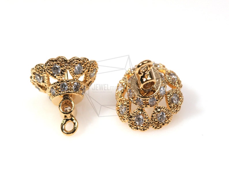 PDT-322-G/2pcs-CZ beads cap Dangle with peg/12mm x 12mm / Gold Plated over brass/Jewelry Making image 3