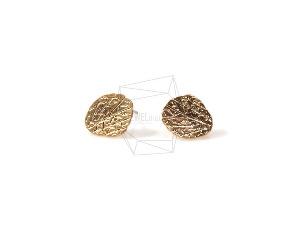 ERG-430-MG/2PCS/Mini Branch Texture Round Earring Post/9mm x 11mm/Matte Gold Plated over Brass/925 Sterling Silver Post/Jewelry Making