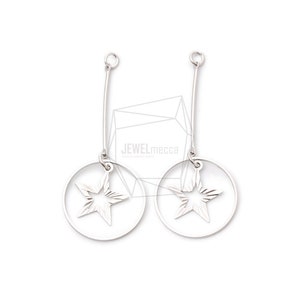 ERG-1021-MR/2PCS/Round Star Drop Charms Earrings/21mm X 48mm/Matte Rhodium Plated Over Brass/Jewelry Making