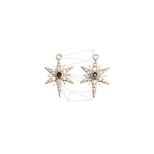 PDT-2857-G/2Pcs-Cubic Star Round Charm/12.6mm x 18.8mm/Gold Plated over Brass, Set with Cubic Zirconia/Jewelry Making