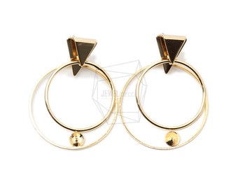 ERG-1309-G/2PCS/Linked Triangle and double circle Post Earring/ 35mm X 47mm/Gold Plated Over Brass,Stainless Post/Jewelry Making