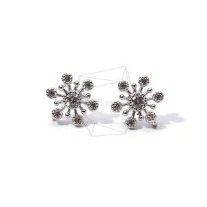 ERG-895-R/2PCS/CZ Setting Snowflake Earrings Post/8mm X 9mm/Matte Rhodium Plated Over Brass,Silver Post/Jewelry Making