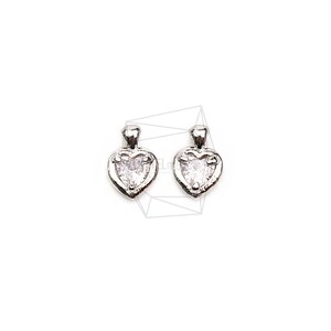 PDT-2697-R/2pcs/Heart Cubic Zirconia/9.7mm x 14mm/Rhodium Plated over Brass, Set with Cubic Zirconia