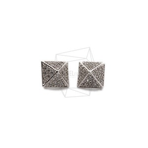 ERG-1577-R/2PCS/CZ Textured Pyramid Ear Post/13mm x 13mm/Rhodium Plated Over Brass/Jewelry Making