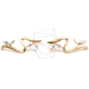 ERG-2302-MG/2PCS/S shape Post  Earring /13.8mm X 37.5mm/Matte Gold Plated Over  Brass,Silver Post.CZ