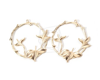 PDT-1505-MG/2PCS/Round Leaf Branch Pendant/40mm X 40mm/Matt Gold Plated Over Brass/Jewelry Making