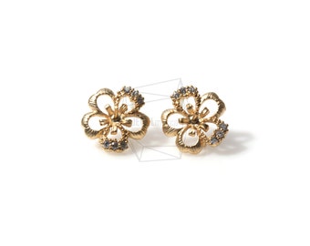 ERG-327-MG / 2PCS / CZ Boucle d’oreille en fleur d’hibiscus / 12mm x 12mm / Plaqué or mat sur laiton / Fabrication de bijoux