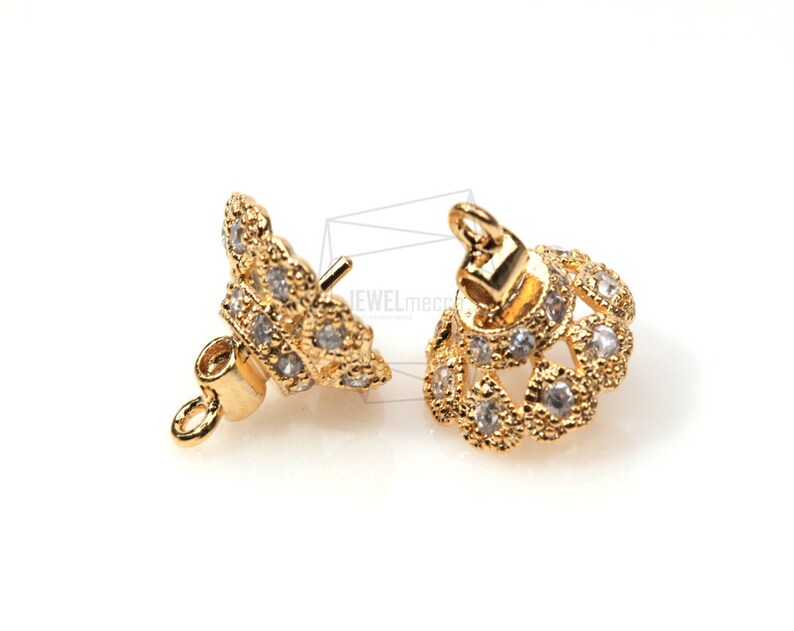 PDT-322-G/2pcs-CZ beads cap Dangle with peg/12mm x 12mm / Gold Plated over brass/Jewelry Making image 1