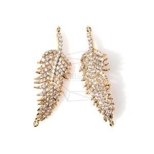 CNT-119-G/1Pcs-CZ Feather pendant / 15mm x 40mm / Gold  Plated over brass/Jewelry Making