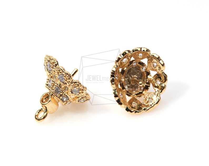 PDT-322-G/2pcs-CZ beads cap Dangle with peg/12mm x 12mm / Gold Plated over brass/Jewelry Making image 2