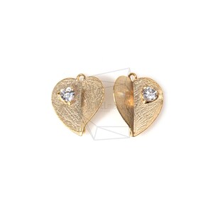 PDT-575-MG/2pcs/Textured Heart Shape Leaf Charm With CZ/15mm x 18mm/Plated Over Brass/Jewelry Making