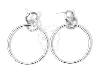 ERG-652-MR/2PCS/Triple Linked Rings Post Earring/35mm X 50mm/Matte Rhodium Plated Over Brass/Jewelry Making