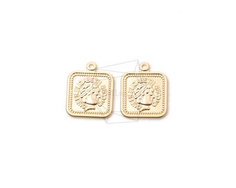 May include: Two gold-colored square charms with a raised image of a woman's profile and the text "ELIZABETH SECOND" around the edge.