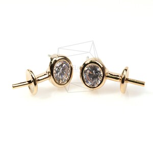 ERG-056-G/4Pcs-Cubic Zirconia Setting  Round Ear Post/ 7mm x 16mm /Gold Plated over  Brass/925 sterling silver post/Jewelry Making