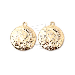 PDT-2106-G/2Pcs-Cubic Zirconia Setting Star and moon Pendant / 22mm x 25mm/Gold Plated over brass,CZ/Jewelry Making