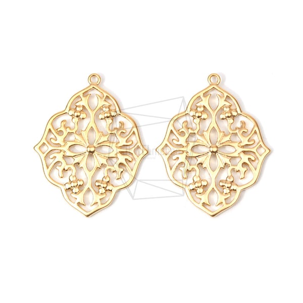 PDT-1265-MG/2PCS/Oriental Floral Design Pendant/25mm X 30mm/Matte Gold Plated Over Brass/Jewelry Making