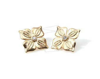 ERG-186-MG/2PCS/Four Petal Flower Earring Post/23mm x 23mm/Matte Gold Plated Over Brass/Jewelry Making