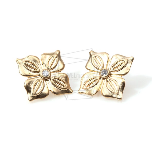 ERG-186-MG/2PCS/Four Petal Flower Earring Post/23mm x 23mm/Matte Gold Plated Over Brass/Jewelry Making
