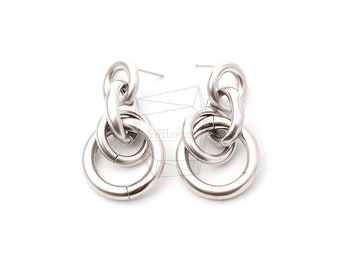 ERG-1038-MR/2PCS/Linked Circle Earrings Post Earrings/22mm X 38mm/Matte Rhodium Plated Over Brass/Jewelry Making