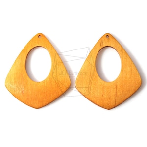 May include: Two wooden earrings with a triangular shape and a large oval cutout in the center. The earrings are a light brown color.