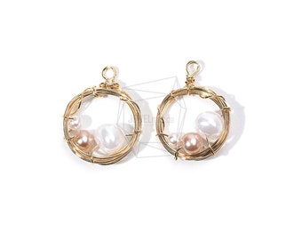 PDT-1767-G/2PCS/Wire Round With Imitation Pearl Pendant/20mm X 27mm/Gold Plated Over Brass/Jewelry Making