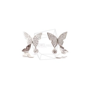 ERG-2387-R/2PCS/CZ Butterfly Earring Post/14.8mm x 19.3mm/Rhodium Plated over Brass,Silver Post.CZ