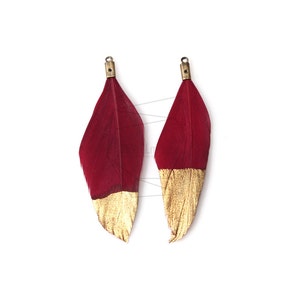 BSC-197-G/5pcs/Gold Dipped wine Color Duck Feather Charm/20mm x 53mm/Jewelry Making