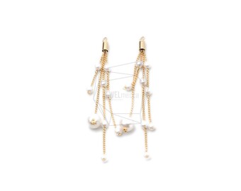 ERG-1221-G/2PCS/Pearl Tassel Earring Charm/10mm X 70mm/Gold Plated Over Brass,Imitation Pearl/Jewelry Making