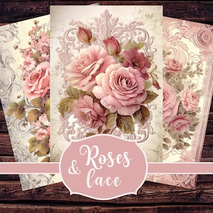 Vintage Roses LACE ATC Cards, Digital Papers, Scrapbooking  Printable Junk Journal Digital Download Victorian Shabby Roses  Card , Ephemera